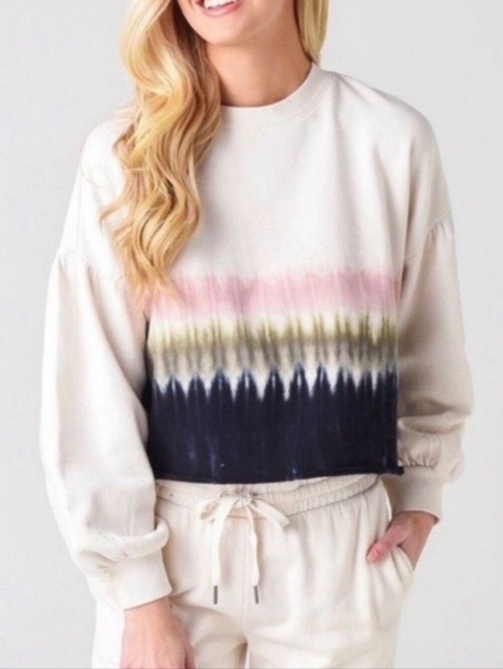 Z SUPPLY TEMPEST STRIPE COTTON TIE DYE SWEATSHIRT MEDIUM CREAM CROP